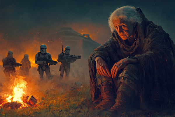An elderly woman sits by a fire as young rebels prepare for Andor’s rebellion, reflecting the wisdom of age and sacrifice.