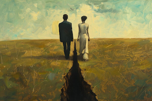 A couple walking away from each other with a fissure forming between them, illustrating why no-fault divorce is bad for marital stability.