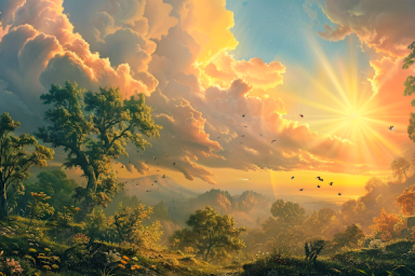 A radiant light illuminates a flourishing landscape, representing the divine purpose of evolution in the world.