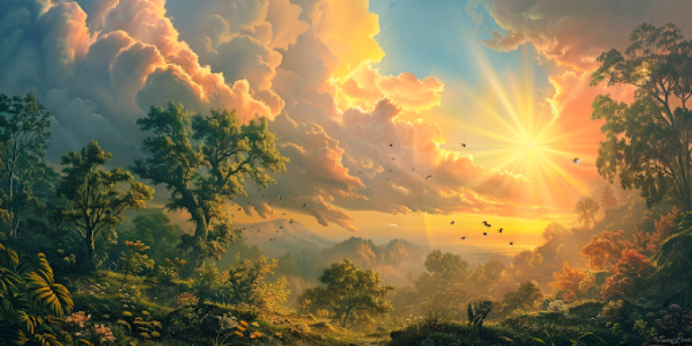 A radiant light illuminates a flourishing landscape, representing the divine purpose of evolution in the world.