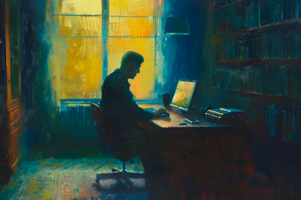 The True Origins of the CES Letter Painting of Man Typing on a Computer in an Office | The True Origins of the CES Letter | Public Square Magazine | What is the CES Letter? | Info on the Deceptive CES Letters