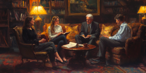 A Mormon bishop and parents in a heartfelt discussion with a teenager in a living room.