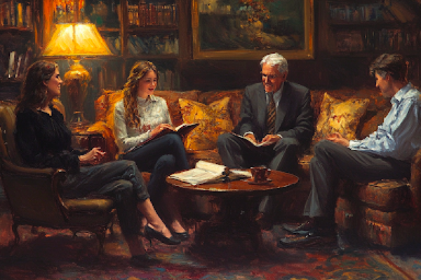 A Mormon bishop and parents in a heartfelt discussion with a teenager in a living room.
