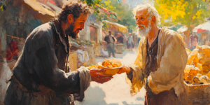 Image of a man giving another man in need food on the street. 