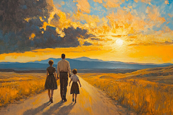 An image of parents and their child walking on a path symbolizing connection and unity.