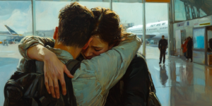 Two people embrace with tears of relief and joy in their eyes, symbolizing a powerful reunion after the uncertainty of 9/11.