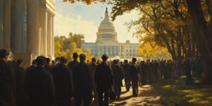 Citizens stand in shadows near a state capitol, with sunlight on the U.S. Capitol, symbolizing the Reconstruction Amendments' shift of power from the states to the federal government.