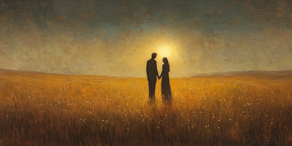 A couple standing in a field under a glowing sky representing God and marriage.