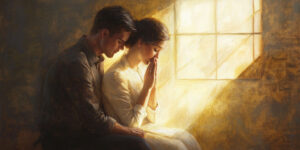 A couple kneels in prayer with light representing God and marriage's guidance.