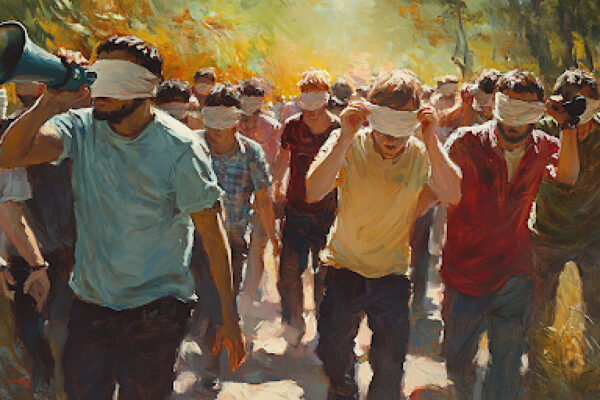 A crowd misled by loud misinformation symbolizing the dangers of pop psychology.