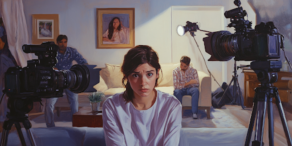 A Mormon wife in her home as cameras invade, representing media exploitation of her faith.