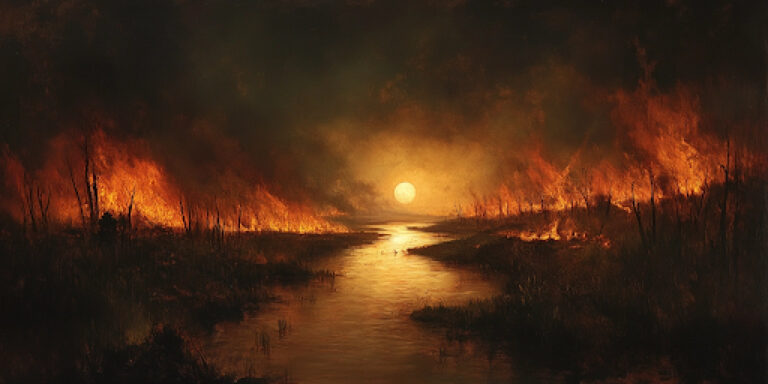 A river runs calmly through a burning landscape, representing how moderate political views can remain steady amid turmoil.