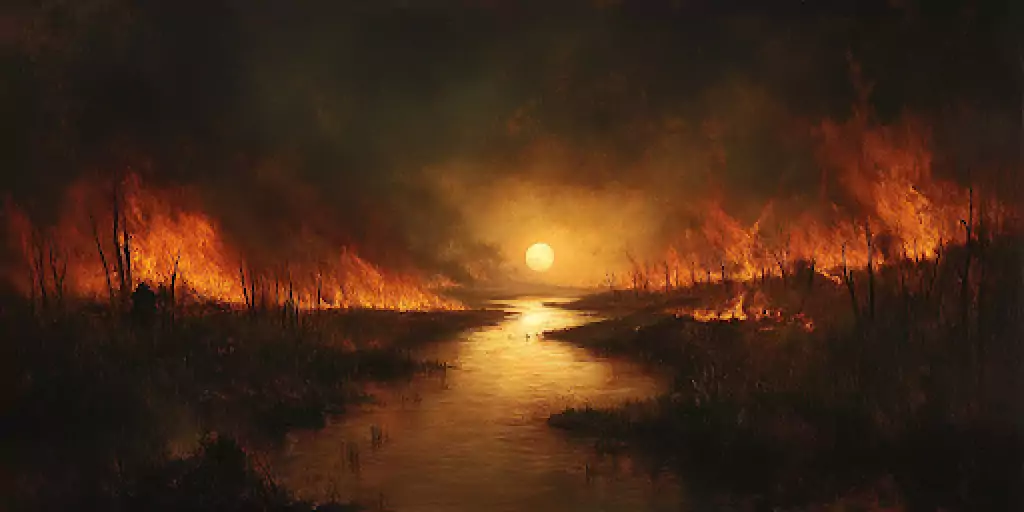 A river runs calmly through a burning landscape, representing how moderate political views can remain steady amid turmoil.