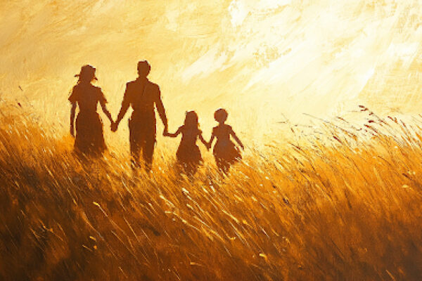 Why are Some Latter-day Saints Hesitant to Talk about the Family Proclamation? A family walks hand in hand through a peaceful field, symbolizing unity and the guiding principles of the family proclamation.