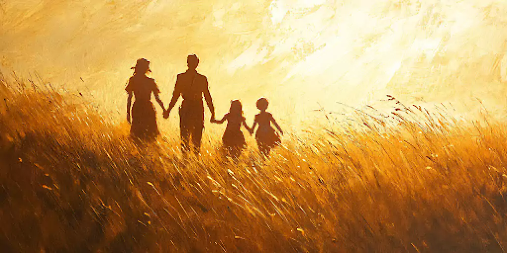 A family walks hand in hand through a peaceful field, symbolizing unity and the guiding principles of the family proclamation.