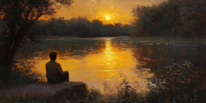 A figure sits by a river at dusk with light reflecting off the water, representing the healing power of God and mental health.