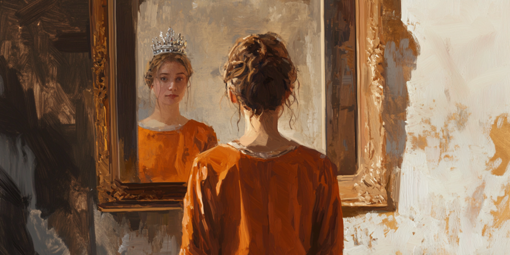 A reflection of royal attire symbolizes the struggle between narcissism and faith in understanding self-worth.