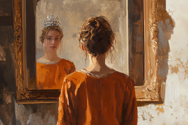 A reflection of royal attire symbolizes the struggle between narcissism and faith in understanding self-worth.