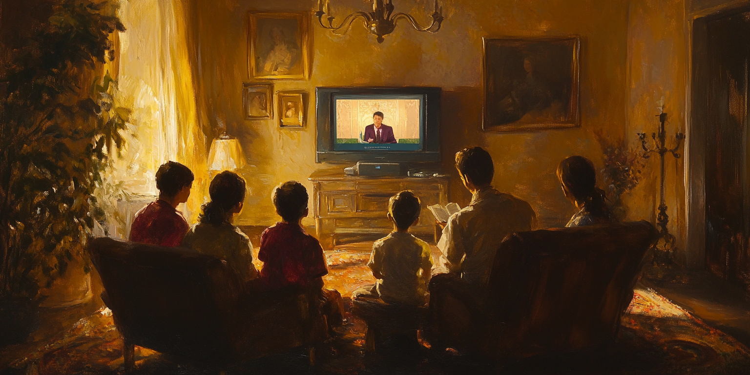 A family gathered watching conference, representing the sharing of spiritual lessons from the October 2024 General Conference.