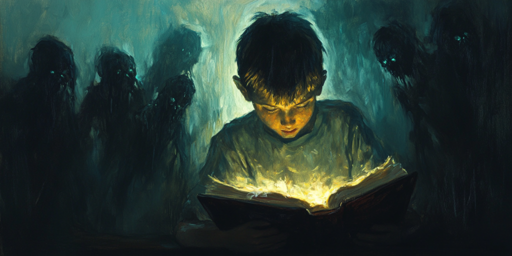 A young Latter-day Saint reads in a dim room with shadows looming behind, symbolizing the themes of Latter-day Saints and Horror.