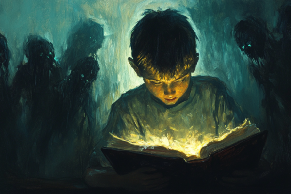 A young Latter-day Saint reads in a dim room with shadows looming behind, symbolizing the themes of Latter-day Saints and Horror.