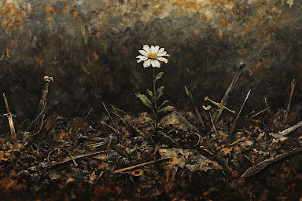 A lone flower growing on a battlefield amidst ruins representing the hope of morality in the face of war.