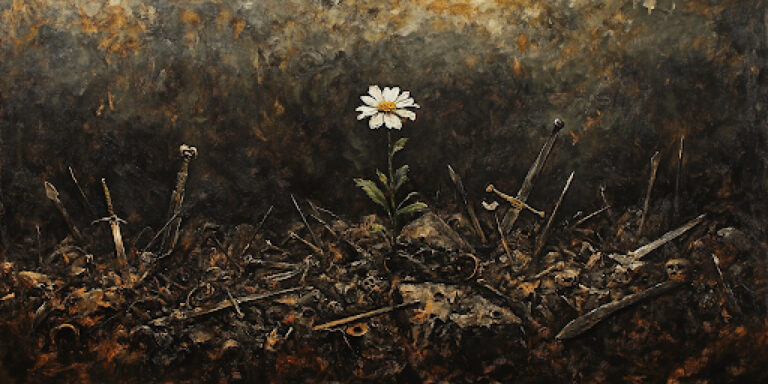 A lone flower growing on a battlefield amidst ruins representing the hope of morality in the face of war.