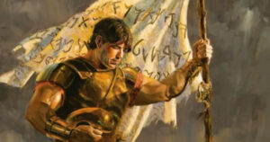 An Image of Moroni with the Title of Liberty demonstrating the balance of morality and war. 