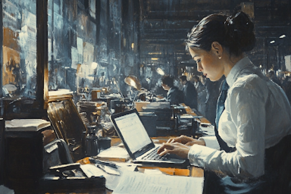 A reporter in a busy newsroom writing a misleading article about the Las Vegas Temple.