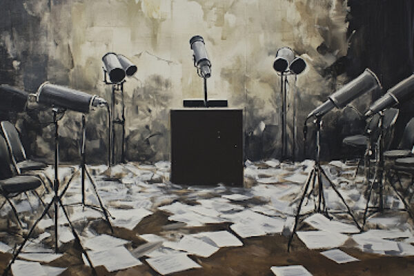 A chaotic debate stage representing the tumultuous nature of truth in politics.