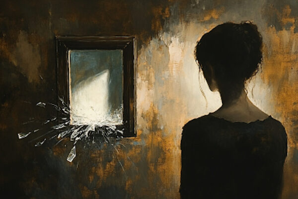 A figure reflecting on their fragmented self during pornography addiction recovery, symbolizing the challenge of reclaiming a true sense of identity.