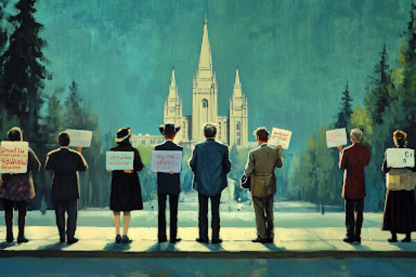 Latter-day Saint voters are divided by political signs in front of a temple, showing their split views.