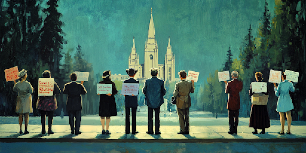 Latter-day Saint voters are divided by political signs in front of a temple, showing their split views.