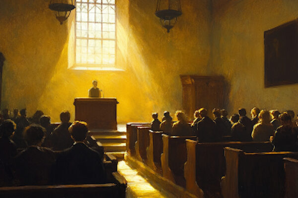 A serene church interior with a speaker at the pulpit during a testimony Mormon church meeting.