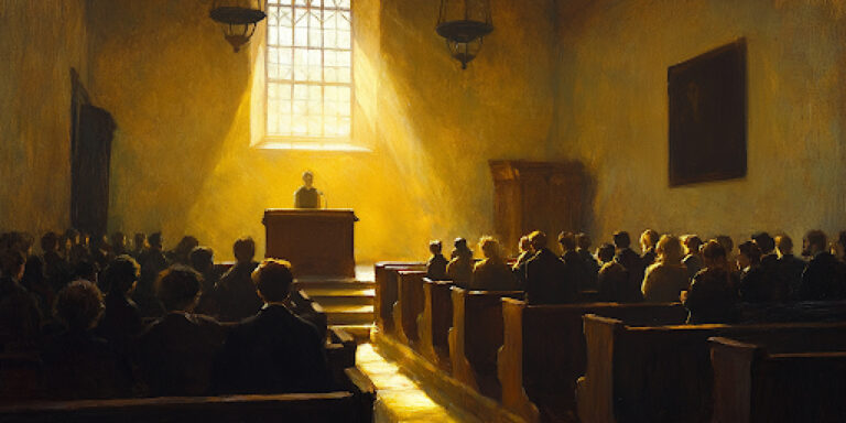 A serene church interior with a speaker at the pulpit during a testimony Mormon church meeting.