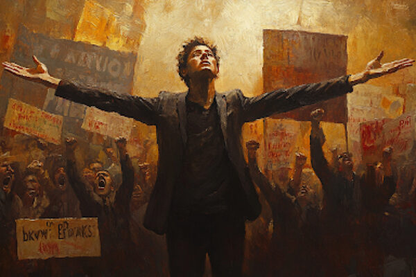 A figure remains calm at a chaotic rally, symbolizing inner freedom.