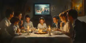 A family enjoys a peaceful dinner, symbolizing inner freedom beyond political debates.