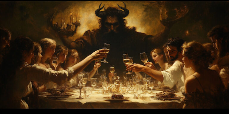 A looming, dark figure of Dionysus contrasts a peaceful banquet at the Olympics feast of Dionysus 2024.