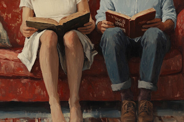 A couple reading opposing views together, symbolizing political tolerance in relationships.