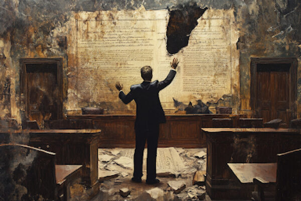 A president stands before a divided Constitution, symbolizing the central challenge in the president's role.