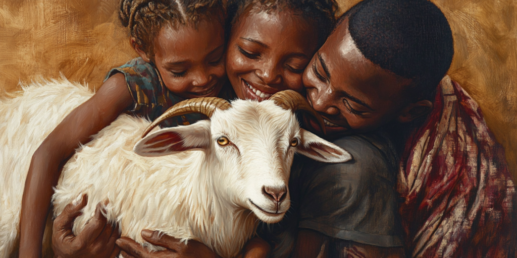 A Kenyan family holds a goat, showing the Giving Machine's life-changing impact globally.