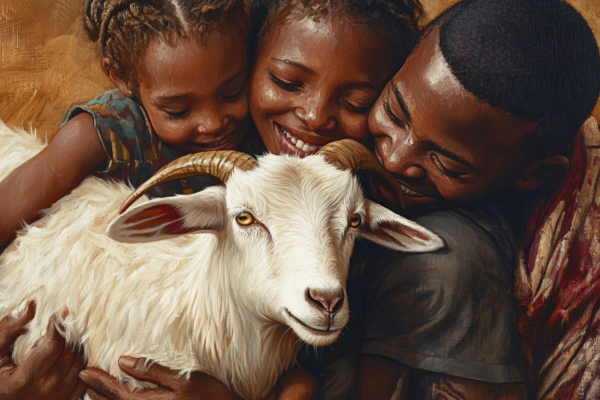 What the Church of Jesus Christ Is Teaching Us About Giving A Kenyan family holds a goat, showing the Giving Machine's life-changing impact globally.
