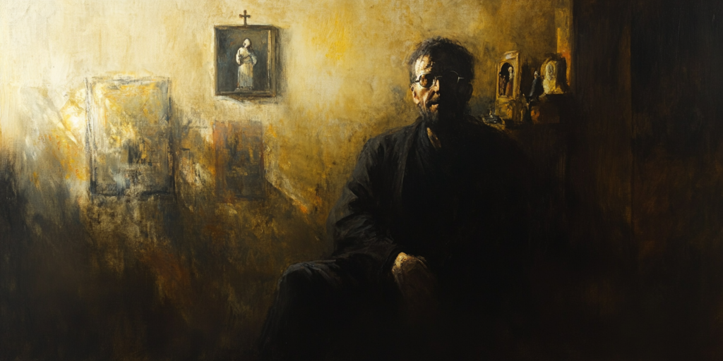 Man Sitting in a Dark Room with Religious Paintings | Public Square Magazine | Themes of the Heretic Movie