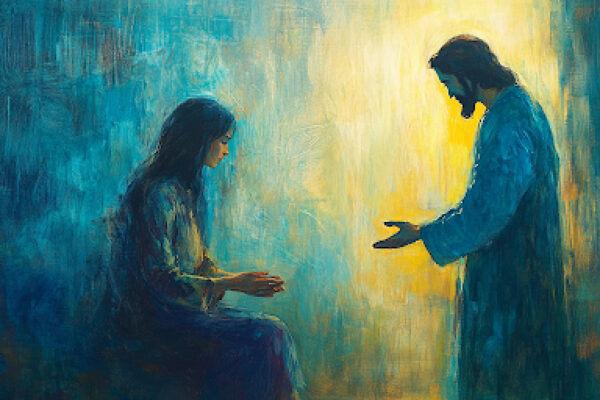 A woman prays as Christ's hand reaches toward her, symbolizing divine comfort and Jesus Christ as the way, the truth, and the life.