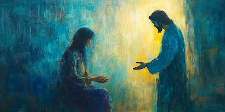 A woman prays as Christ's hand reaches toward her, symbolizing divine comfort and Jesus Christ as the way, the truth, and the life.