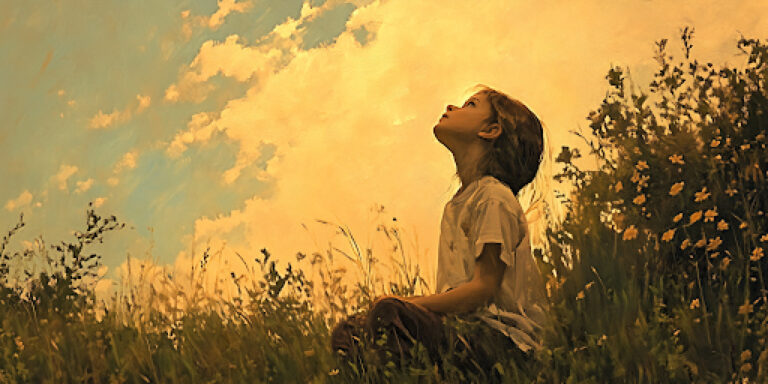 A child looks toward the sky with wonder, symbolizing youthful anticipation for the Second Coming of Jesus Christ.