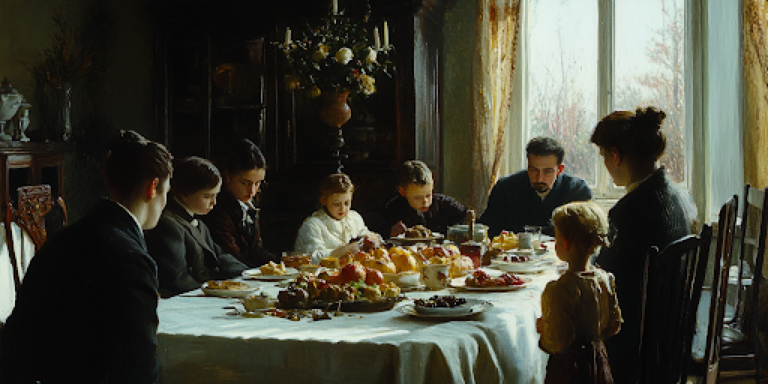 A holiday dinner scene showing politics and family tensions through absent chairs and strained interactions.