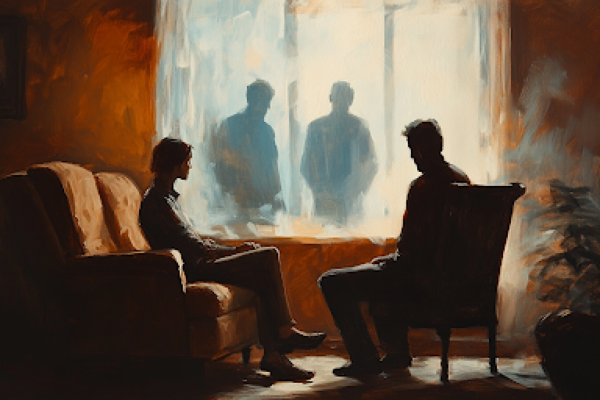 Disciplined For Disagreeing A warm therapy setting contrasts with looming authority figures, highlighting the fight for freedom of conscience.