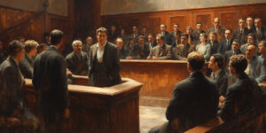  People in a courtroom debate policy and law reflecting freedom of conscience. 