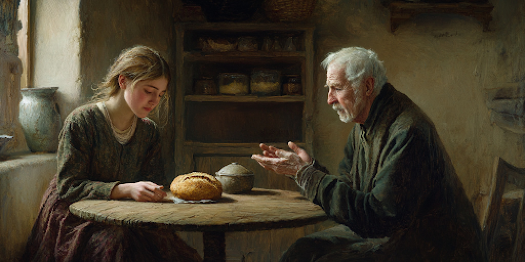 A woman offering bread to a stranger illustrates the quiet generosity of self-sacrifice.